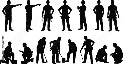 Construction worker silhouette set standing, pointing and digging isolated on white background industrial labor concept illustration