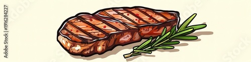 A vector icon of a perfectly grilled steak with grill marks and a sprig of rosemary, centered on a solid background.