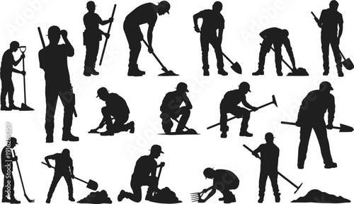 Construction workers silhouette collection digging, shoveling and ground work isolated on white background industrial labor set illustration
