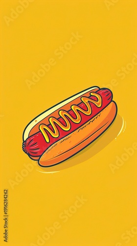 A vector icon of a perfectly grilled hot dog in a bun, topped with ketchup and mustard, set on a solid background.