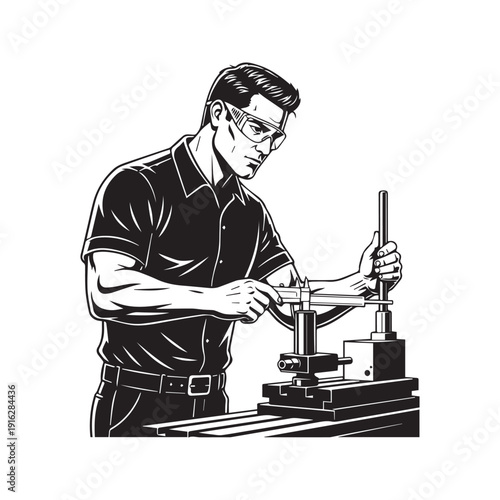 Industrial worker silhouette using a hammer and chisel, male craftsman or carpenter wearing a safety helmet, manual labor vector illustration isolated on white background.
