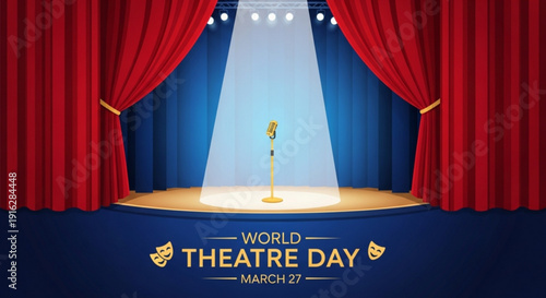 Theatre stage with red curtains and spotlight on world theatre day march 27