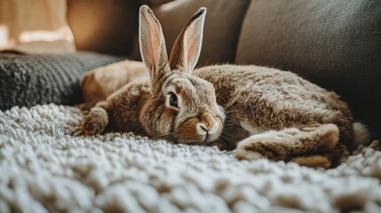 Calm rabbit resting on a soft rug cozy living room lifestyle photography warm atmosphere close-up view serenity and comfort
