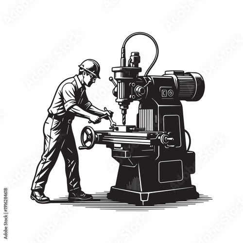 Industrial machinist silhouette operating a vertical milling machine or CNC drill press in a factory workshop, professional metalworking vector illustration isolated on white.
