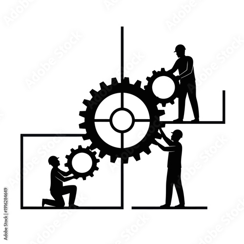 Three Men Working Together on Gears.