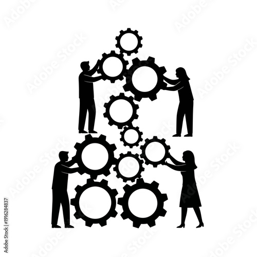 People Assembling Large Gears Together Silhouette.