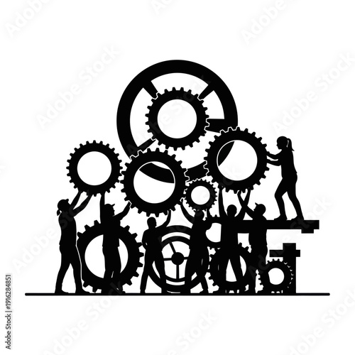 Silhouetted People Working Together on Gears.