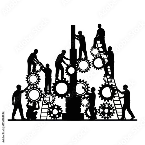 Silhouetted People Working on Gears Together.