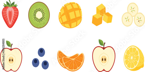 Fresh Fruit Flat Icon Set Strawberry Kiwi Mango Banana Apple Orange and Blueberry Healthy Food Vector Collection