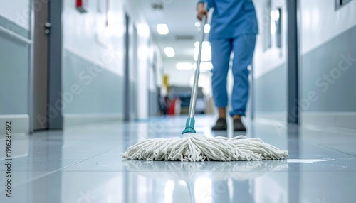 Person in scrubs mopping a shiny hallway floor with a mop; perspective view