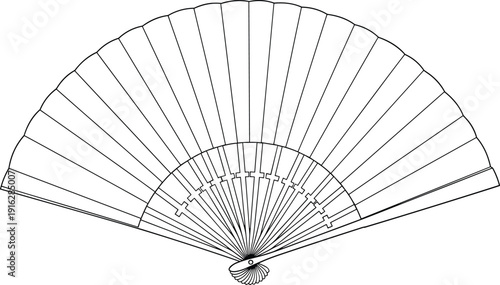 "Traditional folding fan line drawing, black and white illustration of semi‑circular shape with ribs and scalloped edge, cultural artifact artwork, symmetry design concept"
