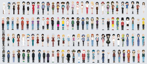 A large group of diverse people in various professions and casual wear standing in rows, conveying a sense of community, teamwork, and diversity. This illustration is perfect