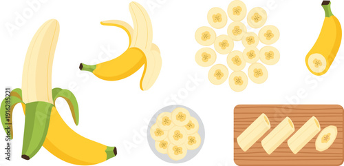 Banana Illustration Set Whole Peeled and Sliced Fresh Tropical Fruit Healthy Organic Food Vector Collection