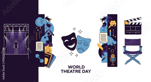 Theatre masks clapperboard and director chair on stage for world theatre day celebration