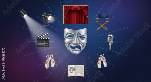 Theatrical performance symbols with comedy mask spotlight script ballet shoes and microphone on dark background