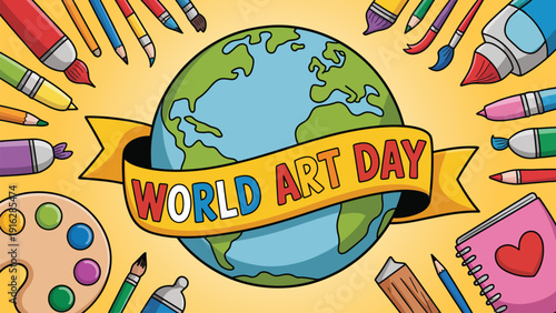 World Art Day creative banner with globe paint palette brushes and colorful art supplies flat vector illustration for international artistic celebration