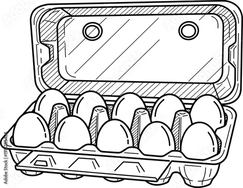"Open egg carton line drawing, black and white illustration of ten eggs arranged in two rows, stylized household packaging artwork with shading and texture"