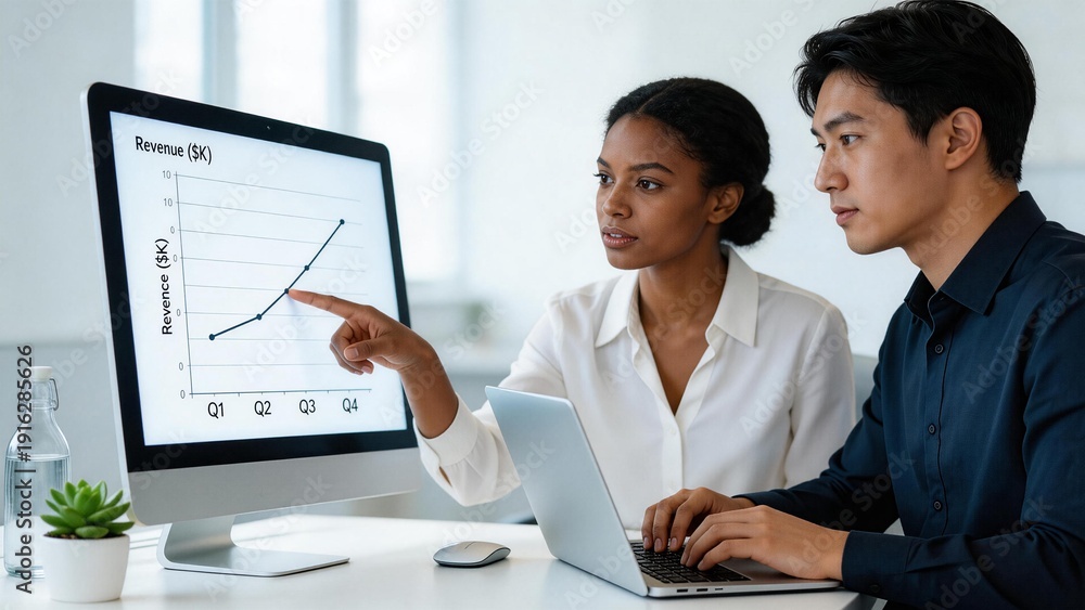 Fototapeta premium Two people analyzing a revenue graph