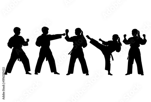 Group of children karate fighters silhouettes in different active poses