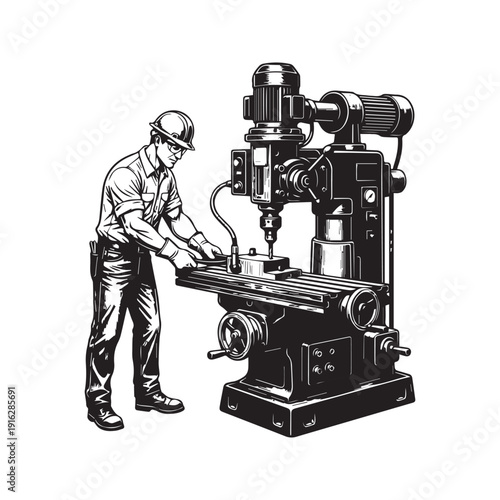 Industrial machinist silhouette operating a vertical milling machine or CNC drill press in a factory workshop, professional metalworking vector illustration isolated on white.
