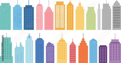 Colorful city skyscraper silhouette set, modern urban skyline building icons, flat vector illustrations for business architectural design
