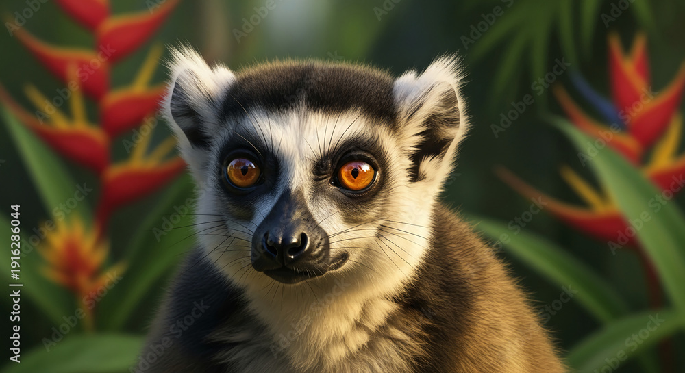 Obraz premium Close-up of a lemur with amber eyes and grey-white fur, surrounded by tropical vegetation. The image evokes wild nature and fauna beauty