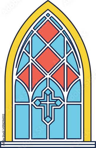 "Stylized stained glass window illustration with pointed arch, red and blue geometric panes, central cross design, religious architecture artwork, cathedral decorative craftsmanship concept"