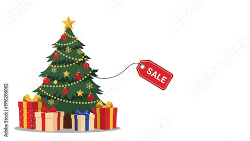 Fully decorated Christmas tree surrounded by wrapped gift boxes and a red sale tag for holiday shopping and seasonal discount promotions.