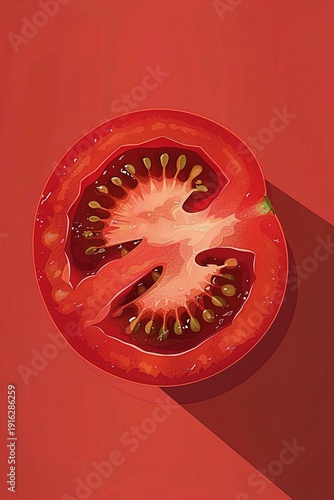 A vector icon of a ripe tomato slice with a glossy finish and visible seeds, centered on a solid background.