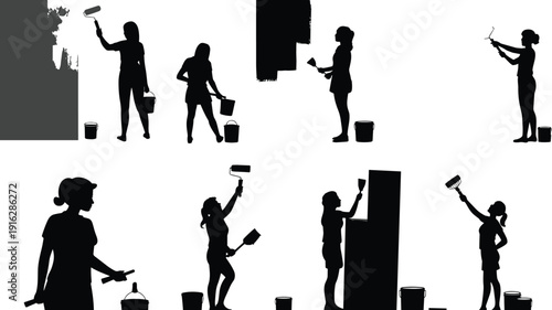 Female painter silhouette set painting wall with roller and brush isolated on white background home renovation concept
