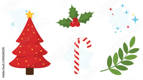 Christmas design elements including a red tree, holly berries, a candy cane, stars, and a leaf for festive holiday craft and card projects.