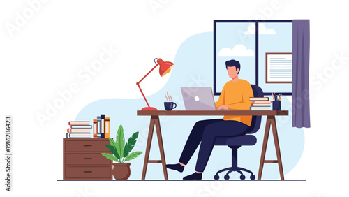 Businessman sitting at a wooden desk working on a laptop in a cozy home office with books, plants, and a window showing clouds outside.
