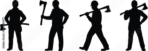Lumberjack silhouette set holding axe in different poses isolated on white background forestry logging industry concept illustration