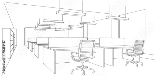 Modern open plan office workspace interior sketch, hand drawn business desk with chairs and hanging lights