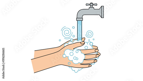 Hands being washed under a water tap with plenty of soap bubbles to promote hygiene, health, and virus prevention during a pandemic.
