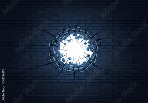 A broken wall with a large hole revealing a bright light behind it