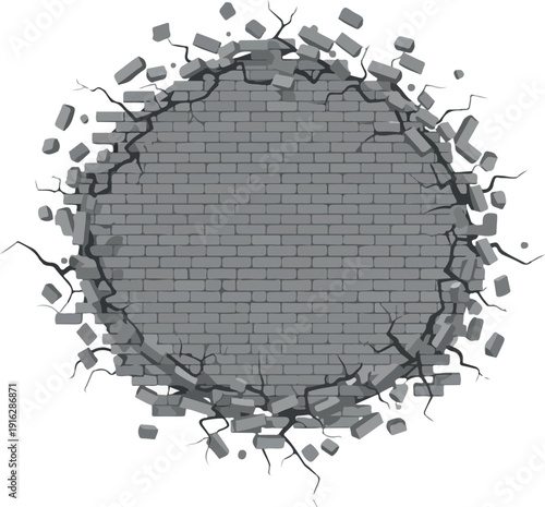 Circular destruction of brick wall with debris and cracks from a central impact viewed from straight on