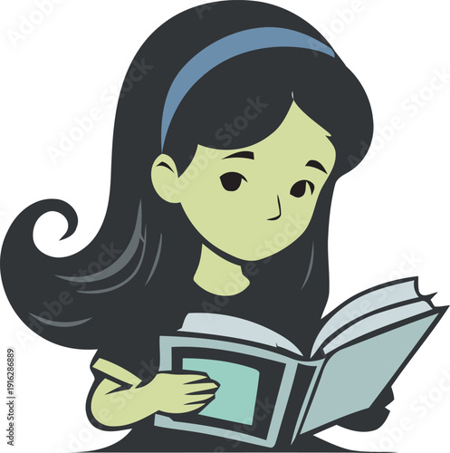 A charming illustration of a young girl engrossed in reading a book, exuding curiosity and focus. 