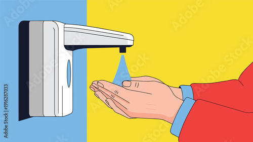 Hands underneath an automatic liquid soap dispenser with a blue spray representing hygiene, public health, and virus prevention measures.