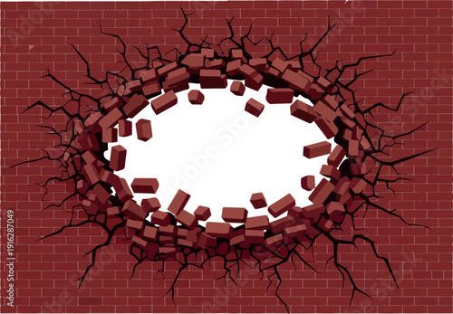 A massive crater has formed in the red brick wall, exposing a white interior and scattered bricks.