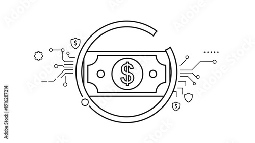 Conceptual technical illustration showing a digital dollar bill banknote surrounded by circular lines, circuit patterns, and security shields.