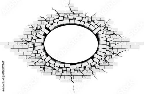 A cracked brick wall with a circular hole in the center, illustrating destruction and chaos, viewed from a straight-on perspective