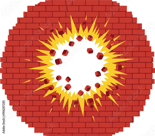 Explosion breaking through a brick wall, showcasing destruction, explosion, debris, force, and brickwork from a front viewpoint in an illustration
