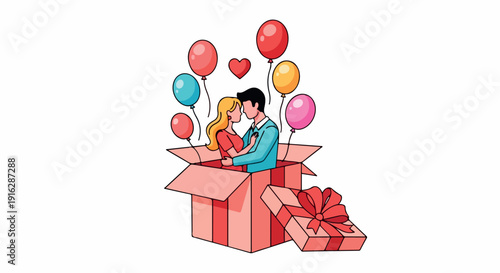 Illustration of a romantic couple kissing inside an open gift box with colorful balloons and presents on a white background.