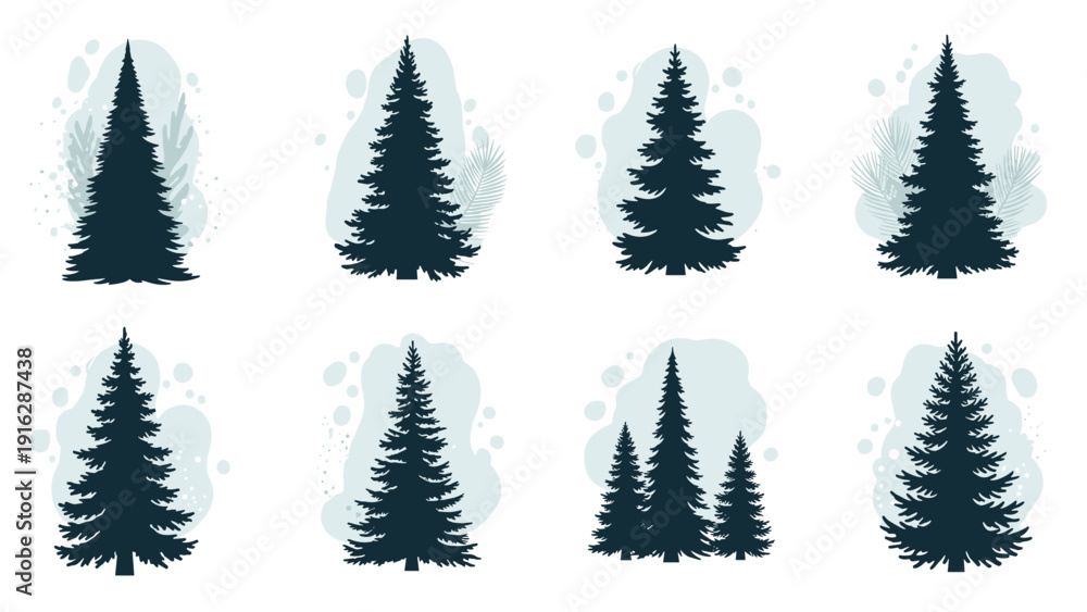 Obraz premium Set of eight black silhouettes of various coniferous pine and fir trees with soft blue abstract background shapes on white.