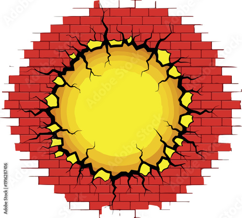A red brick wall shatters into fragments around a bright yellow explosion, illustrating destruction and chaos in a digital illustration