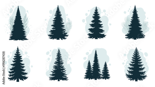 Set of eight black silhouettes of various coniferous pine and fir trees with soft blue abstract background shapes on white.