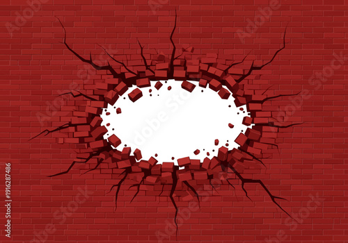 A close-up view of a damaged red brick wall with a large hole and cracks, seen from a straight-on perspective, showcasing destruction and damage clearly.