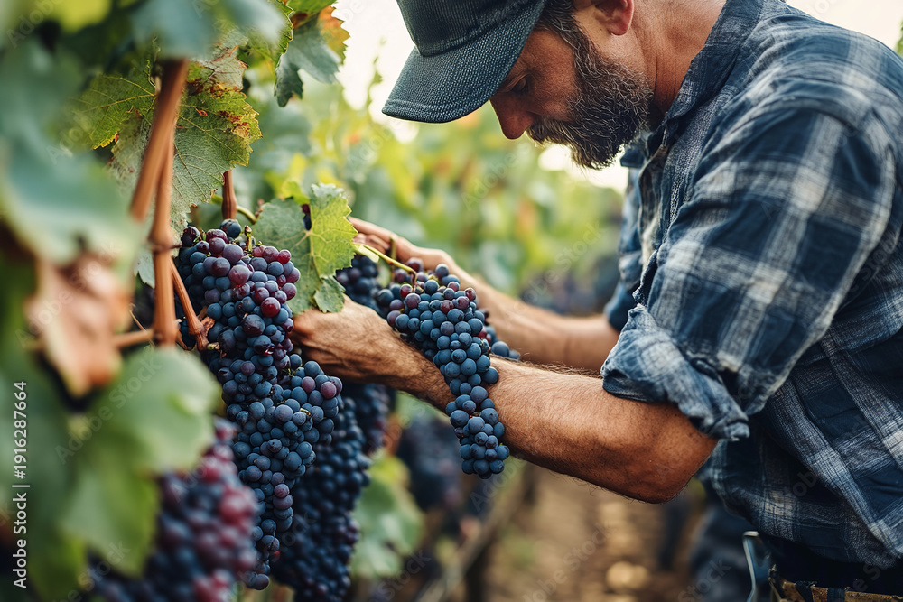 Naklejka premium Natural farming & wine production: focus on the manual labor and ripe fruit, emphasizing organic quality, viticulture practices, and seasonal harvest.