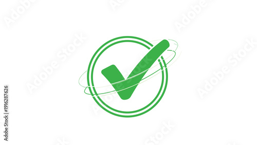 Large green check mark symbol enclosed within a double circular frame with faint orbital lines to represent success and verification.